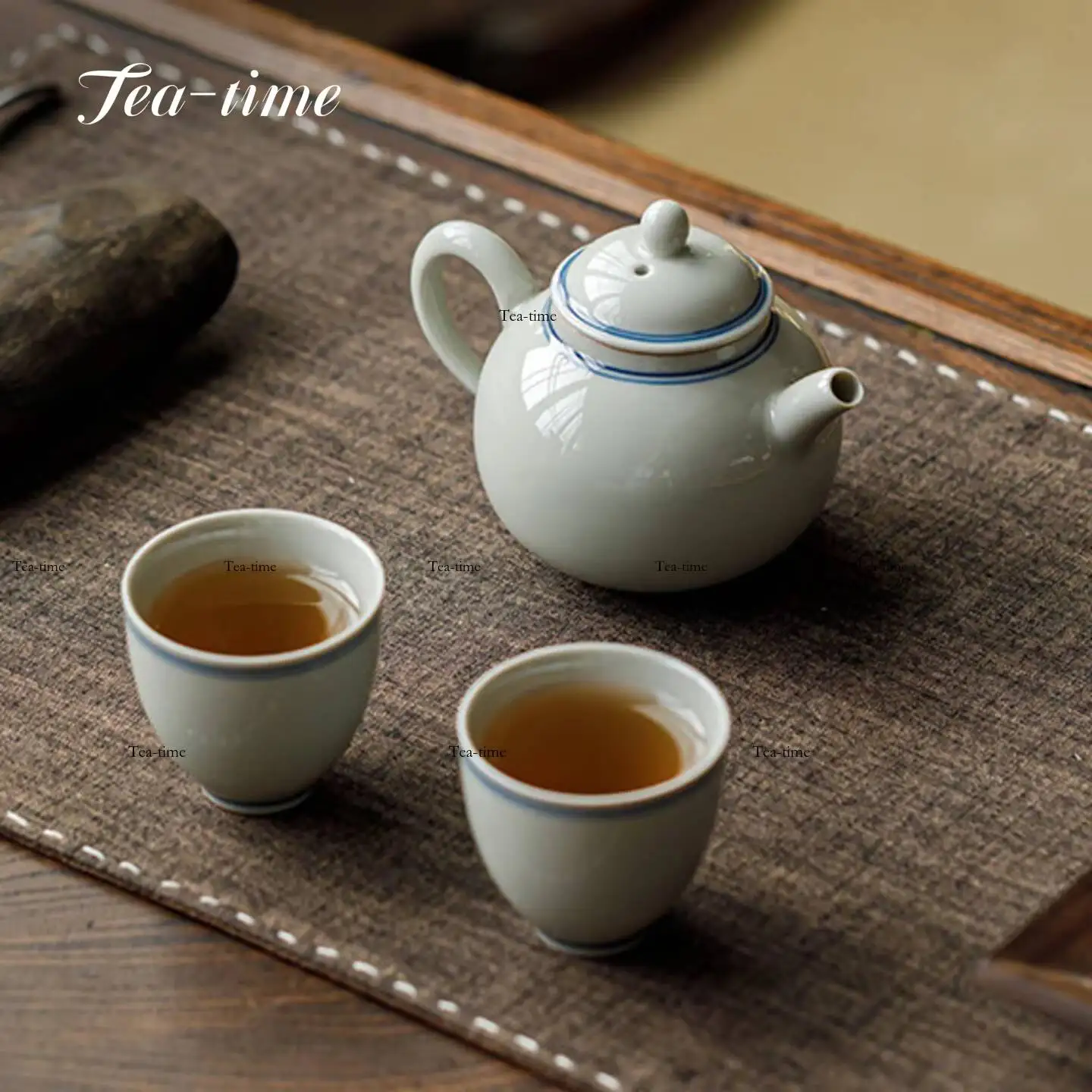 Bingtai Glaze Tea Set Hand-Painted Double-Line Teacup Set 1Teapot 2Cups Ceramic Tea Set Chinese Creative Gift Pair Cup Gongfu