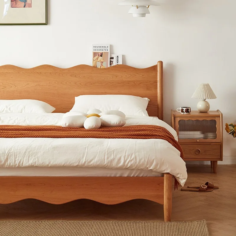 Nordic solid wood bed, cherry wood Japanese-style  retro furniture, modern simple log 1.8 meters double bed