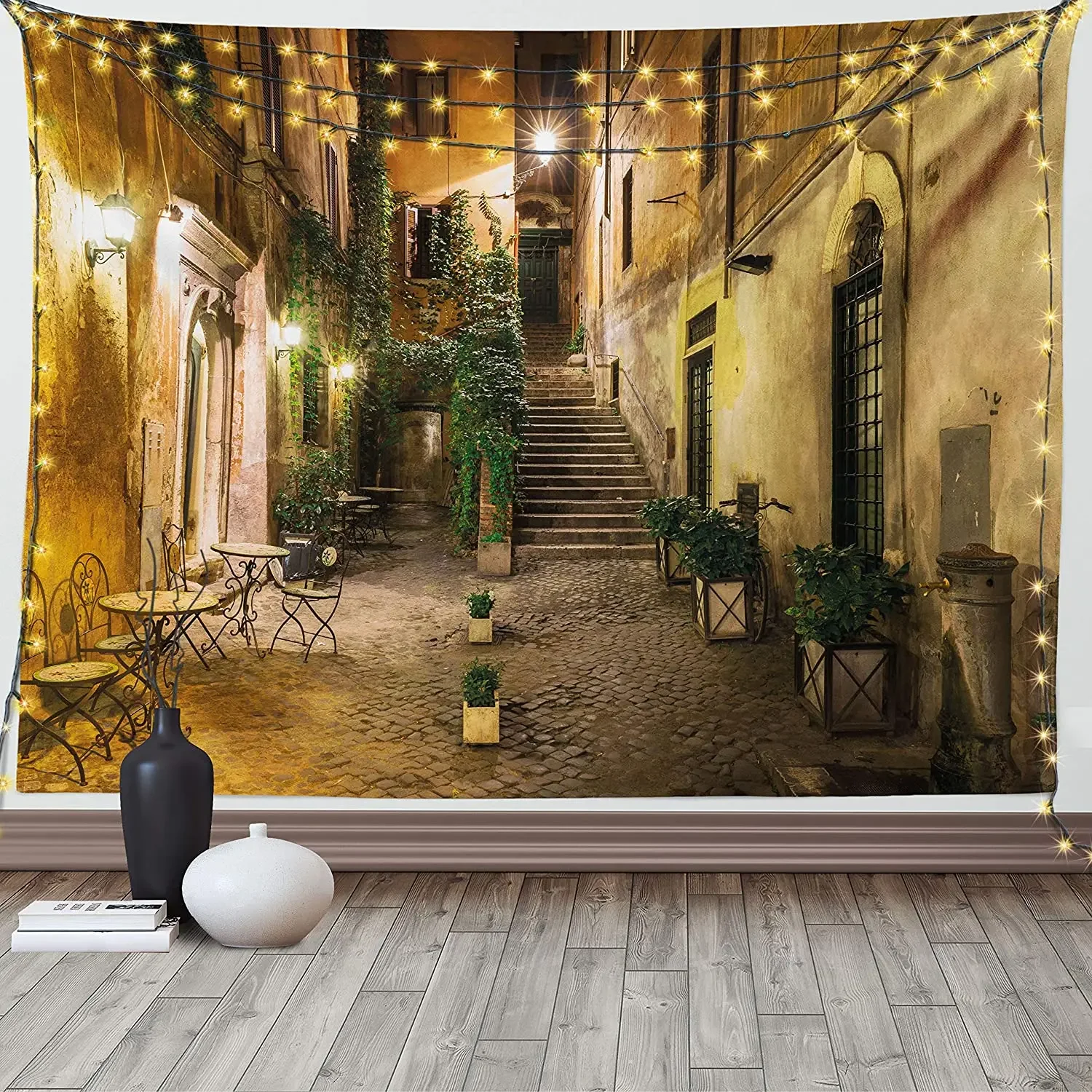 Vintage Street Landscape Tapestry Italian Roman Old Courtyard Rustic Stone House Modern Retro Wall Hanging Living Room Dorm Deco