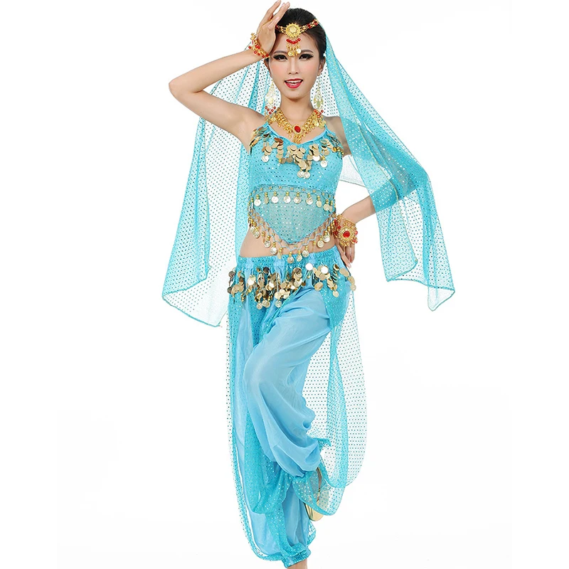 Ladies Bollywood Belly Dance Costumes Women India Arabian Stage Coins Lace-up Back Top Harem Pants Halloween Costume Cosplay