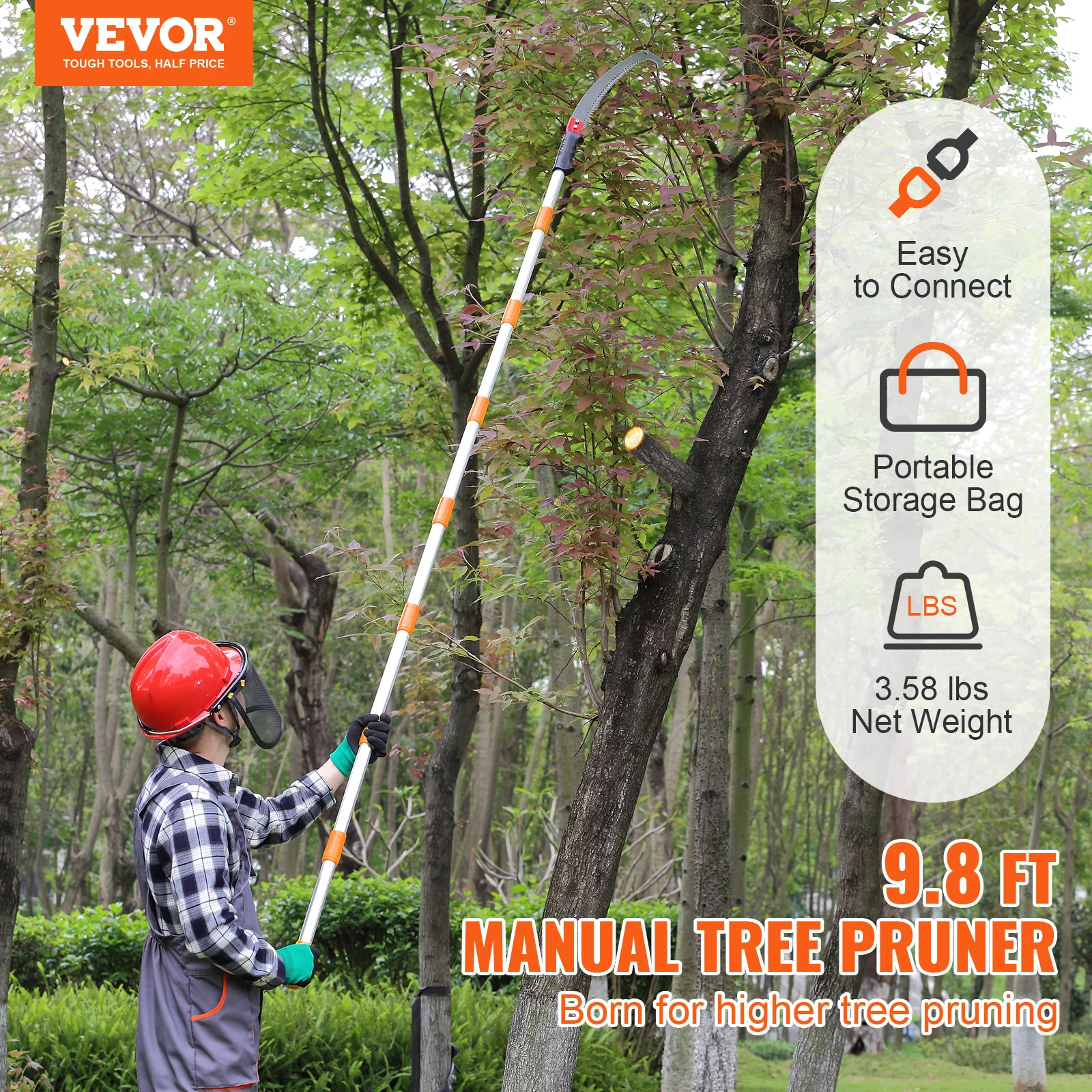 VEVOR Manual Pole Saw 4.6-9.8ft Extendable Pruner Manual High Branch Trimmer w/Lightweight Handle for Pruning Palms and Shrubs