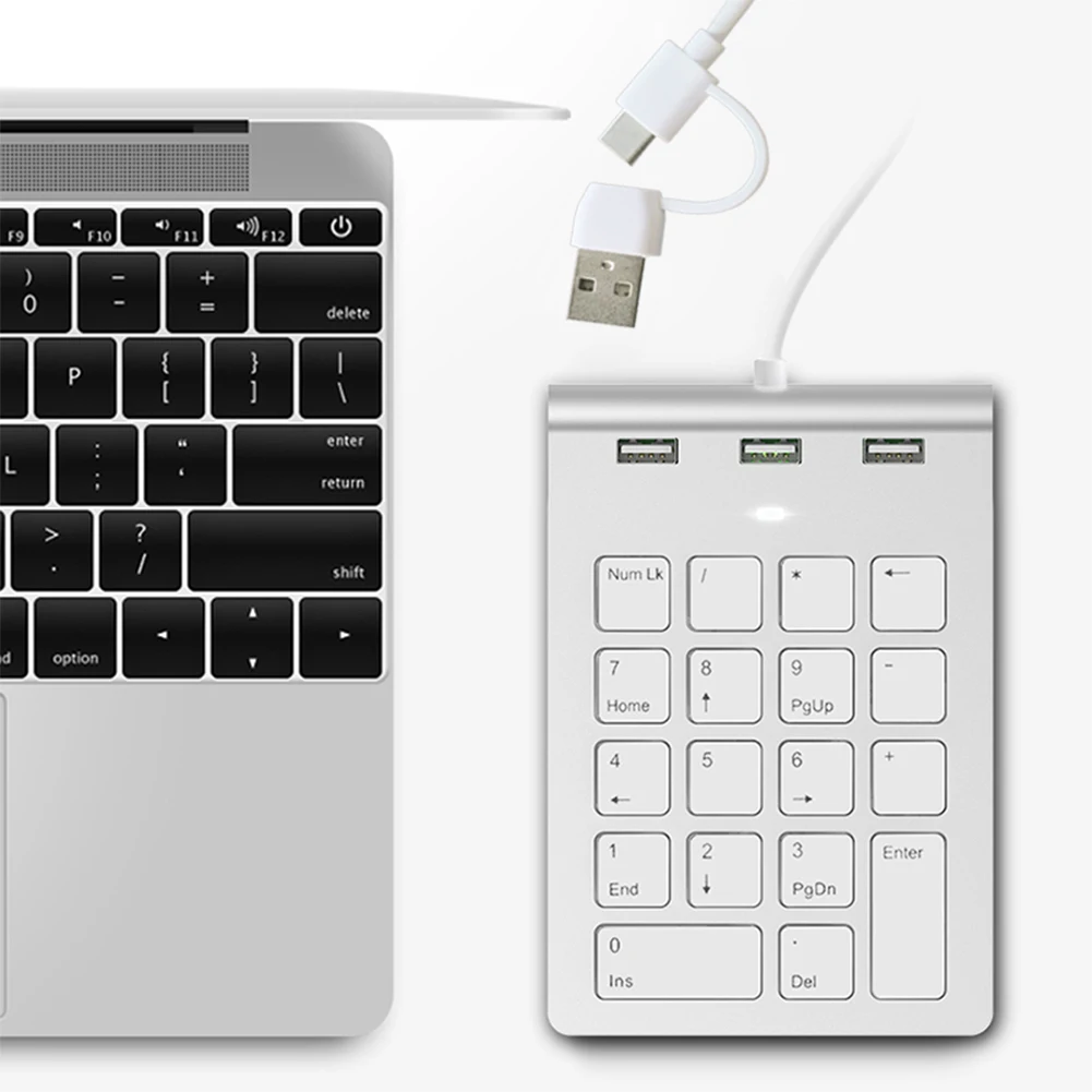 

USB & Type C Wired Digital Keyboard with 3 USB2.0 Port Hub 18 Keys Accounting Number Pad External Keypad for Laptop Desktop PC