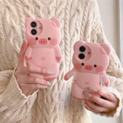 Kawaii 3D Cartoon Pink Pig Phone Case For iPhone 16 Pro 15 14 13 12 Pro Max Cover Shockproof Silicone Cases For Apple 15Pro Capa