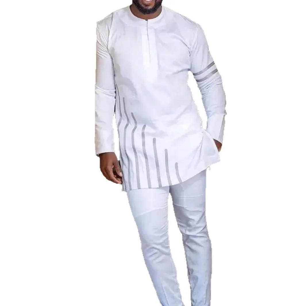 

African Clothes for Men Dashiki African Men Spring Summer Long Sleeve O-neck White Polyester Top Long Pant Matching Sets Outfits