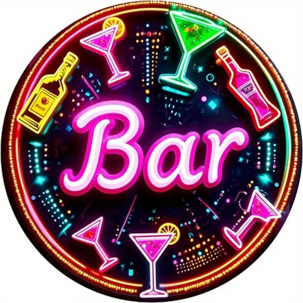 2D Flat Neon Style Bar Cocktail Wine Bottle Round Metal Sign, Colorful Martini Glass Drinks Circular Tin Sign,