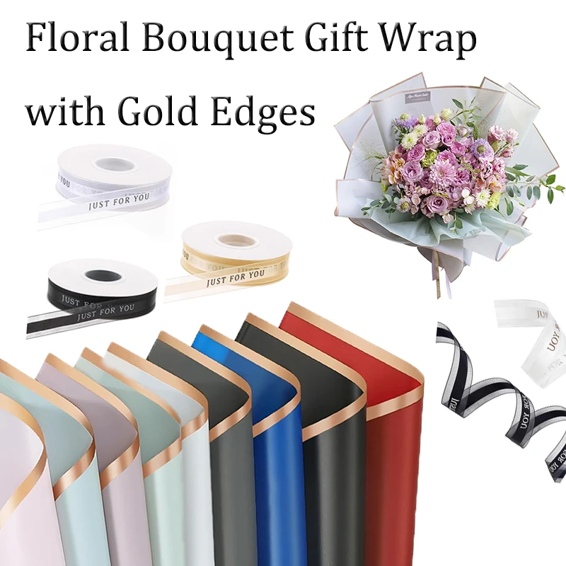 

Waterproof Floral Bouquet Wrap set,Floral Gift Wrap with Golds Edges,Waterproof Jelly Film Wrapping Papers with Chiffon Ribbon