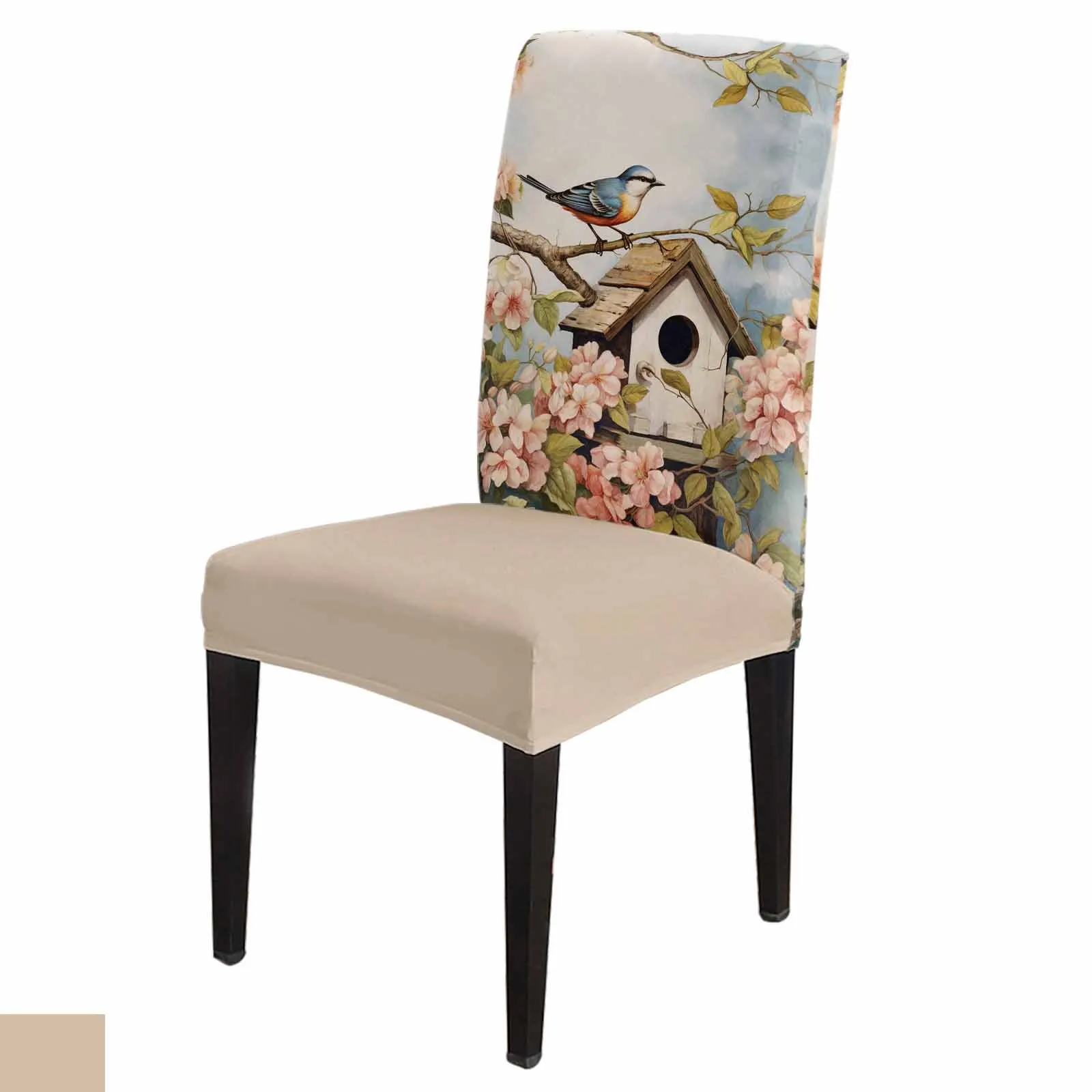 

Spring Vintage Birdhouse Flowers Birds Chair Cover Spandex Elastic Dining Chair Slipcover Wedding Banquet Stretchy Seat Cover