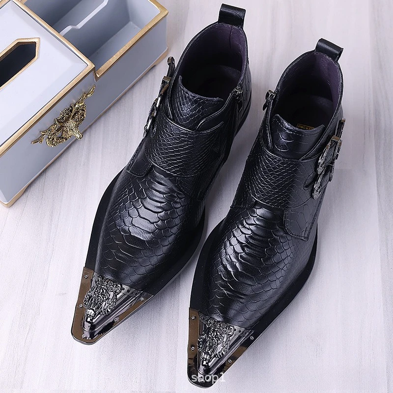 Punk Men's Chelsea Boots Pointed Metal Toe Leather Ankle Boots for Men Alligator Pattern Embossing Motorcycle Botas Hombre