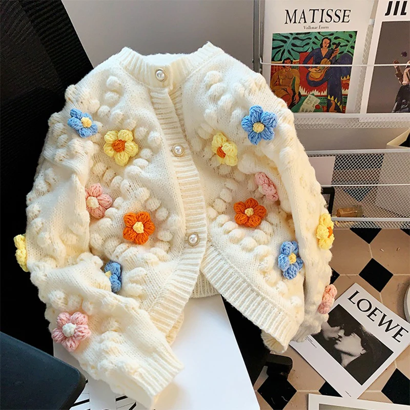 

MEXZT 3D Flower Knitted Cardigan Women Y2K Cropped Sweater Coat Harajuku Streetwear Long Sleeve Knitwear Winter Korean Jumpers