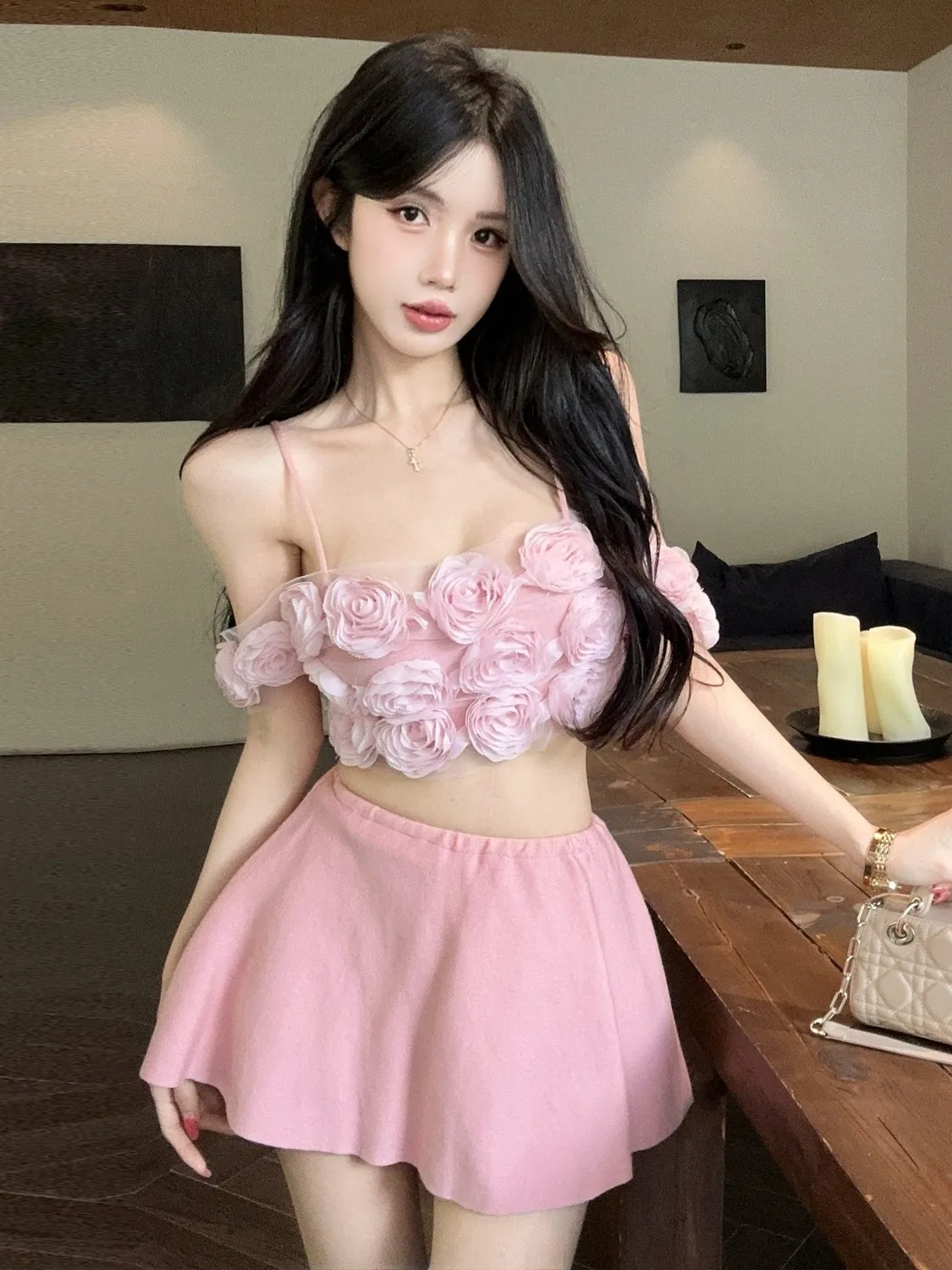 

Summer Rose Print Halter Vest And Pleated Short Skirt Set Women's Slimming Fashion Two-Piece Suit High Waist Anti-Wrinkle
