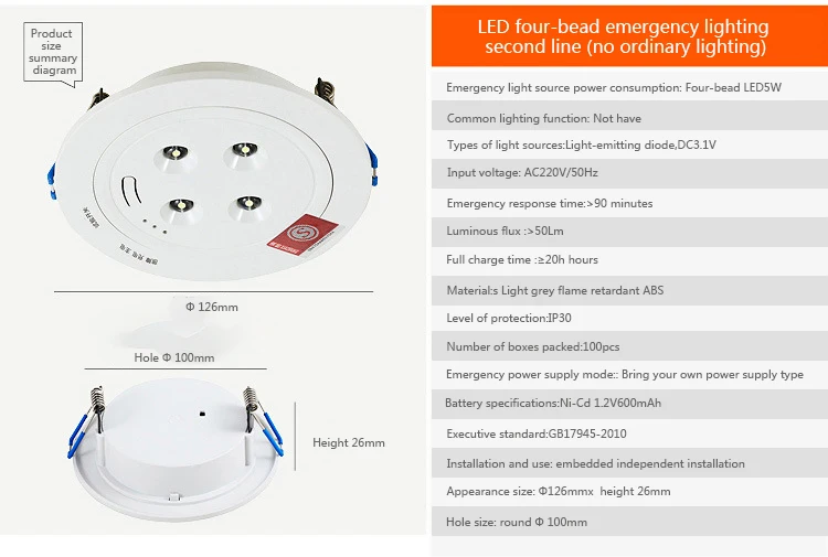 Imagem -04 - Downlights Led Retardantes de Fogo para Emergência Lâmpada Embutida 90 Minutos de Entrega Ip30 4leds 5w