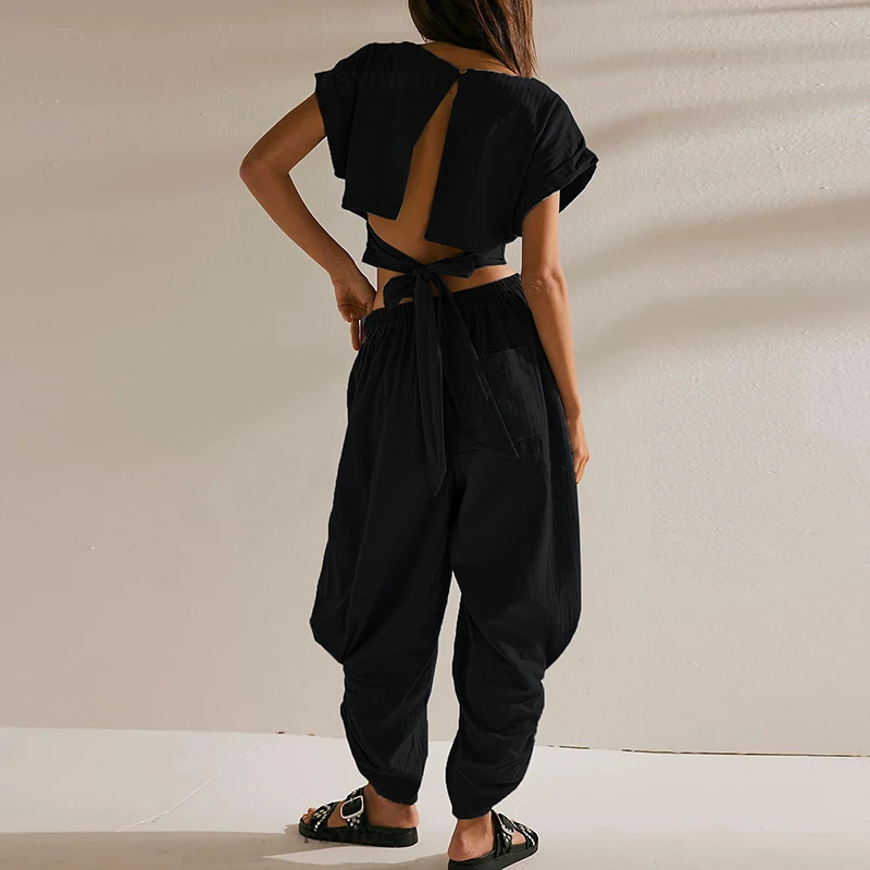 

Female O Neck Short Sleeve Top & Wide Leg Pants Two Piece Set Sexy Backless Loose Beach Suit Casual Street Pleated Pocket Outfit