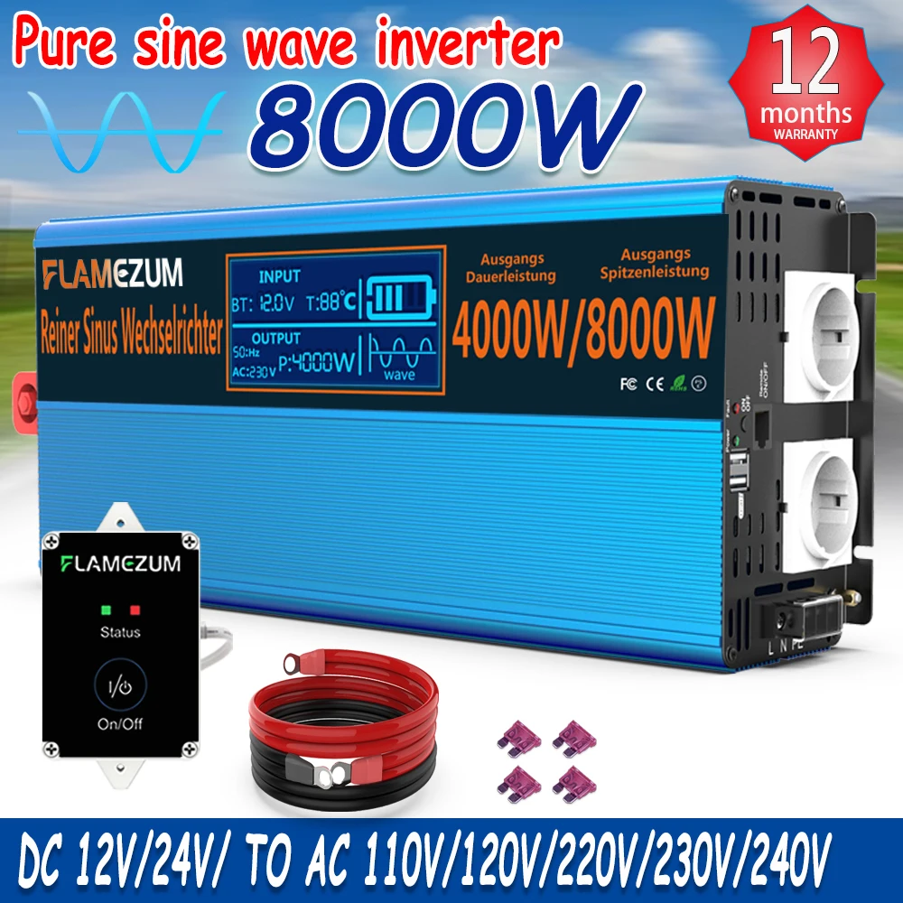 Inverter 12v/24v 220v 8000w pure sine wave 60hz korean 220V solar inverter dc to dc charger LED display usb charging dual socket