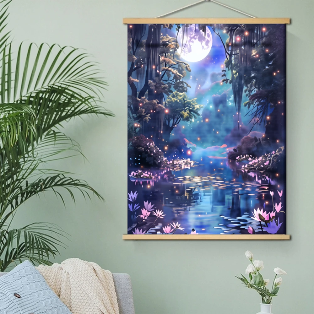 1pcs 2D Scroll painting Purple Moonlight Forest With Flowers And Water Reflection Dreamy forest For Bedroom Living Room Decor