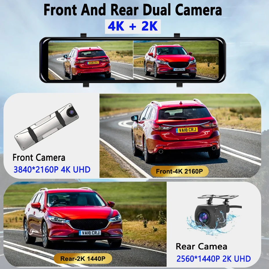UHD 4K سيارة مرآة الرؤية الخلفية DashCam WIFI DVR GPS تتبع فيديو داش مسجل السيارات للرؤية الليلية الخلفية 1440P 24H رصد