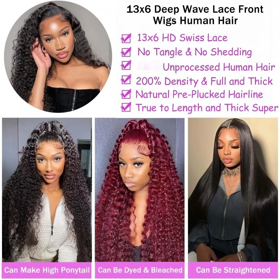 40 Inch Curly Lace Front Wig Water Wave 13X6 Hd Lace Frontal Wig Deep Wave Human Hair Wig 250 Density Preplucked Brazilian Hair image 5