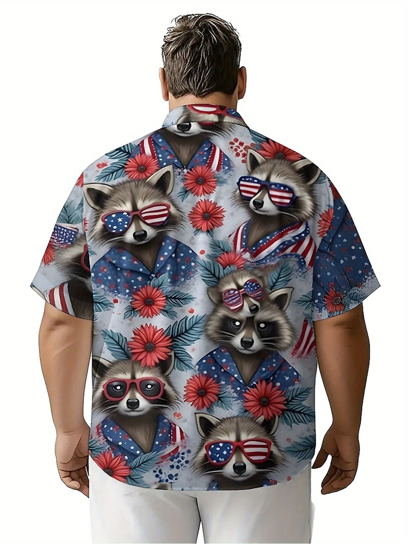Men's Plus Size Hawaiian Shirts Raccoon Wearing American Flag pattern, Button Up Shirts, Unisex Casual Clothing, Summer Tops