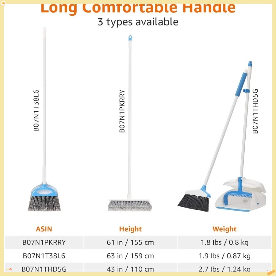 مجموعة مكنسة مجرفة مع سهلة التجميع ومقبض طويل، أزرق وأبيض 9 بوصة عرض × 52 بوصة ارتفاع