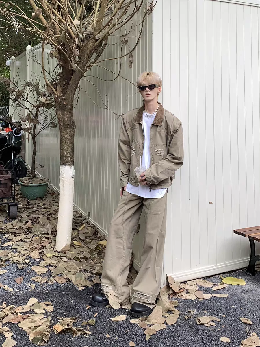 

Американский ретро дизайн с лацканами, модное винтажное джинсовое длинное мужское пальто Sve Jaet с силуэтом, свободное джинсовое пальто с подплечниками