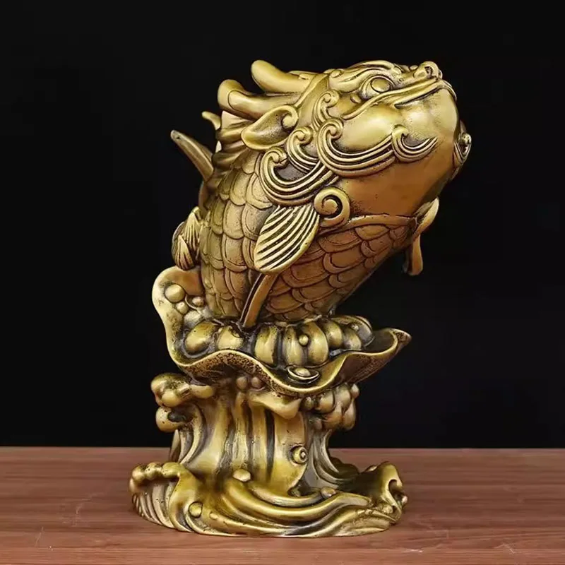 Feng Shui Brass AoYu Fish Statue， Dragon Head Fish Success Figurine， Top Champion Symbol for Desk， Wealth Career Ornament for