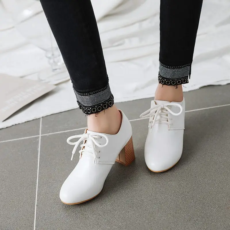 SIMLOVEYO Premium Workplace Ladies Heels Round Toe Thick High Heel 7cm Lace Closure Extended Sizes 43 44 45 46 Everyday Footwear