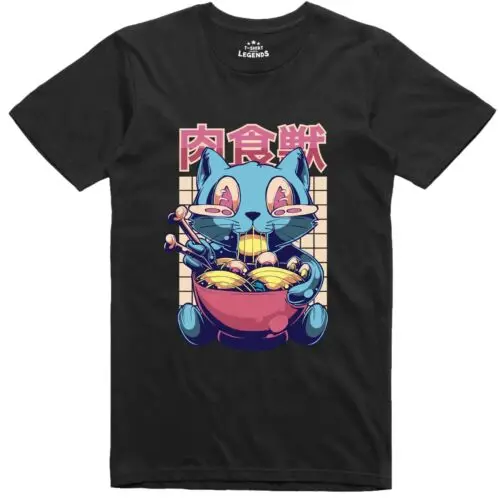 Anime Camiseta Gato Ramen Fideos Manga Japonés Geek Corte Normal Camiseta