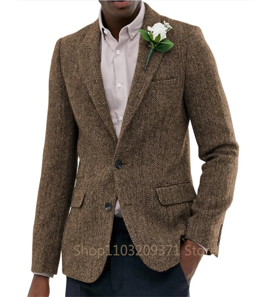 1 Pieces Men\'s Suit Jacket Herringbone Tweed Wool Jacket Winter Warm Short Jacket Retro Slim Fit Men Blazer Coat (Only Coat)