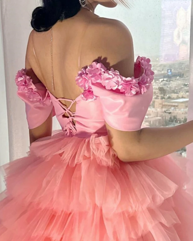 Customized  Eleagnt Flower Off the Shoulder Empire Party Dress Floor Length Tiered Formal Evening Gowns فساتين نسائيه سهره 롱원피스 