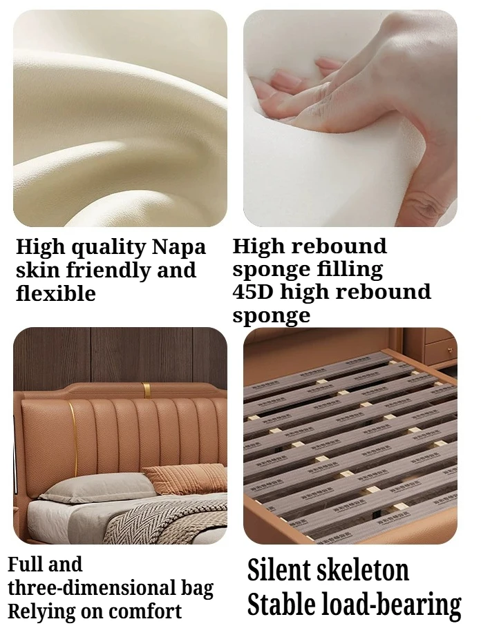 180x200cm Couples Bed 2 People Nappa Leather Frame Queen Headboard Double Bed Nightstand Wood Camas De Casal Bedroom Furniture