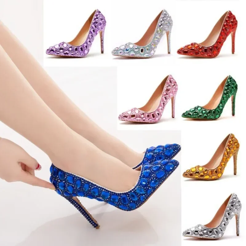 Woman Pumps Brand Design Lady Pointed Toe Rhinestone Slip-On PU 11CM Thin Heels Lady Party Stage Performance Women Shoe Colorful