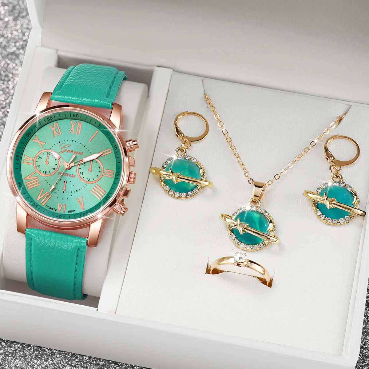 5PCs/Set Mint Green Fresh Fashion Watch Three Eyes dial Leather strap Quartz Watch Cat Eye Jewelry Set