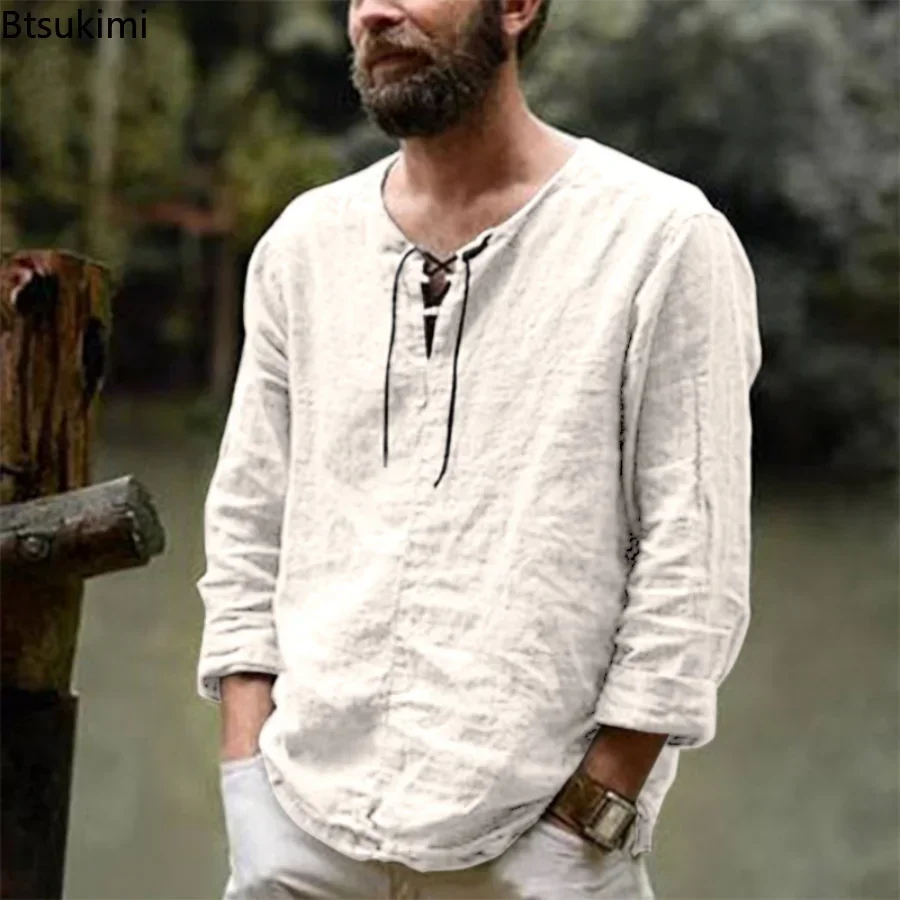 2026 Men's Casual Cotton Linen T Shirt Drawstring V Neck Long Sleeves Shirts Blouses for Men Solid Vintage Tops Linen Shirts Men