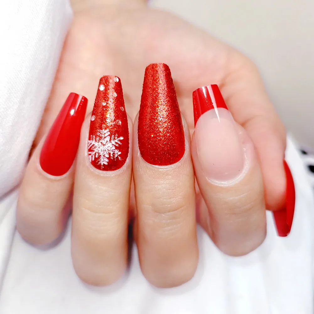 

Christmas Red Acrylic Fake Nail With Glue Sticker Glitter Press On False Nails Tips For Party DIY Finger Manicure Accessory