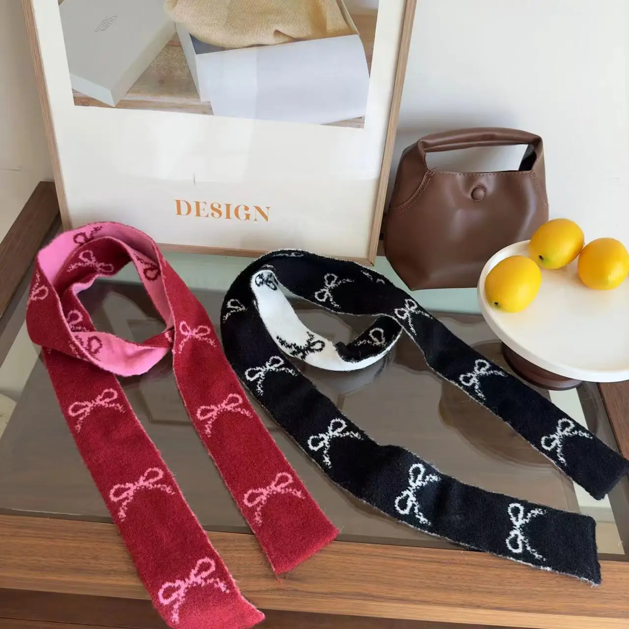 Korean Ins Double-sided Bow-tied Thin Scarf Winter New Warm Versatile Decorative Narrow Version Red Knitted Scarf