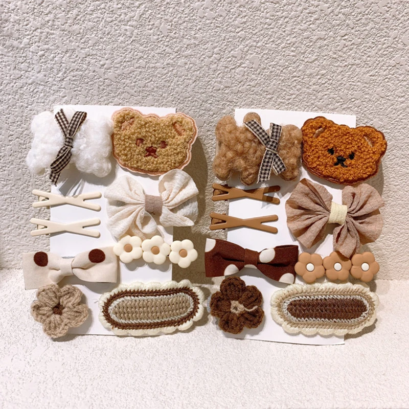9 قطعة/المجموعة الكرتون الدب الطفل مقاطع الشعر الخريف الشتاء أفخم محبوك دبوس لطيف القوس طفل فتاة المشابك إكسسورات شعر الأطفال