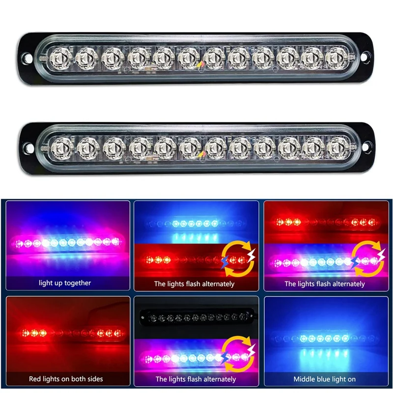 Warning Light Flashing Lights 12V-24V Strobe Warning Light, Breakdown Beacon LED Light Bar Red+Blue