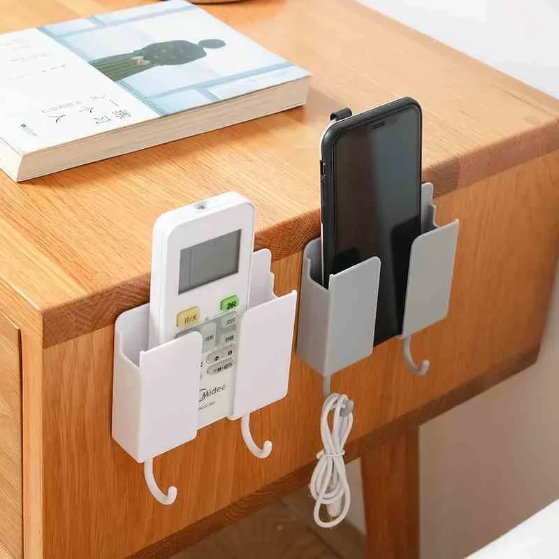 1PC Storage Box Holder Wall Mounted Storage Bracket Remote Organizer Hole Free Mobile Phone Storage Rack With 2 Hooks