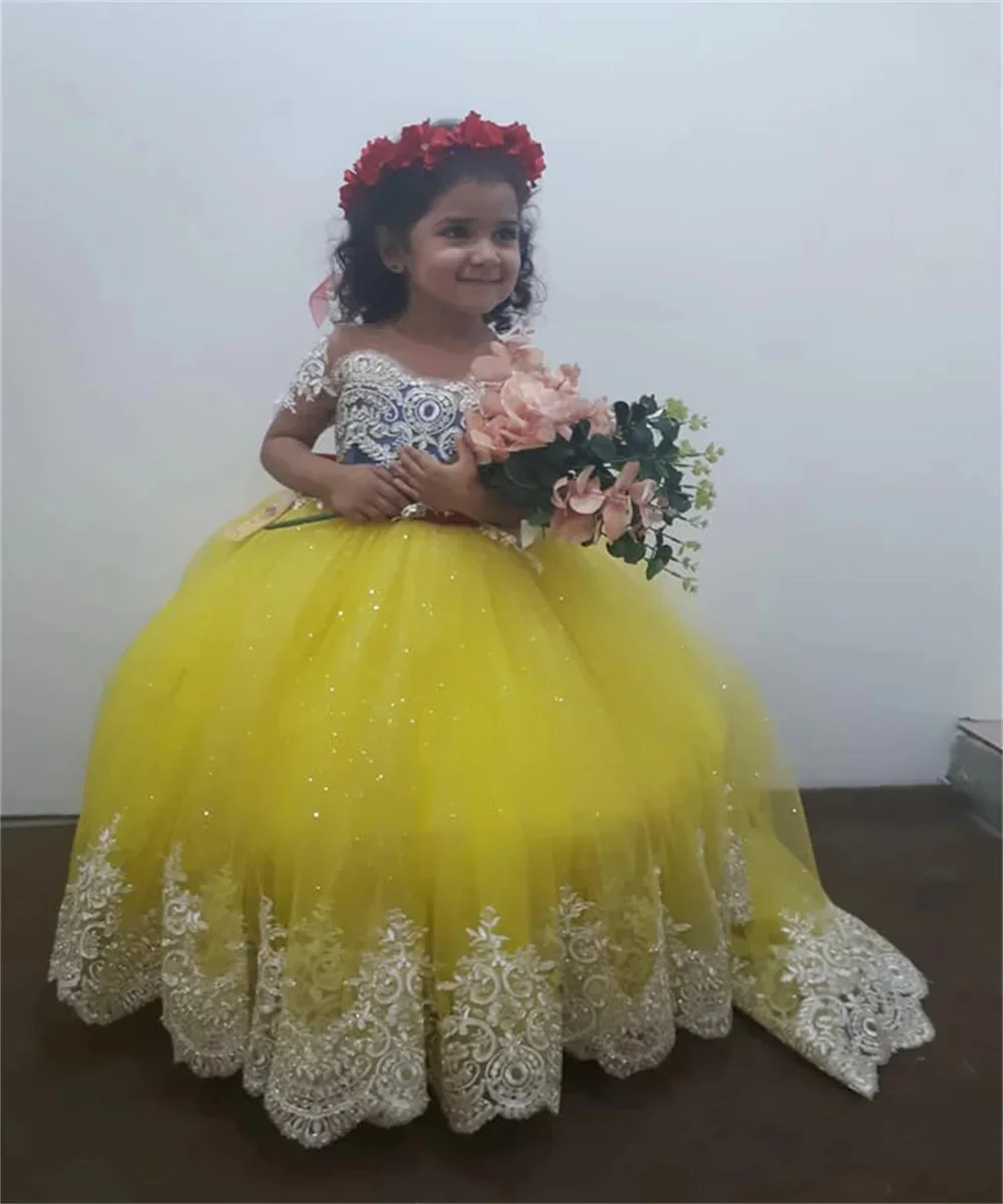 Gaun Gadis Bunga Kuning untuk Pernikahan Panjang Selantai Applique Pita Merah Gaun Komuni Pertama Pesta Ulang Tahun Anak Lucu Disesuaikan