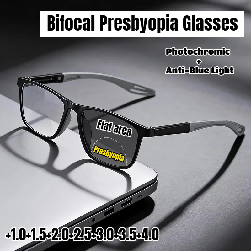 

2026 New Model Photochromic Bifocal Reading Glasses Classic Square-Frame Blue Light Blocking High-Definition Reading Glasses +4