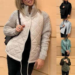 Women's Knit Patchwork Puffy Jacket Zipper Cardigan Coat Outwear Long Sleeved Stand Collar Women Coat Cotton Jacket