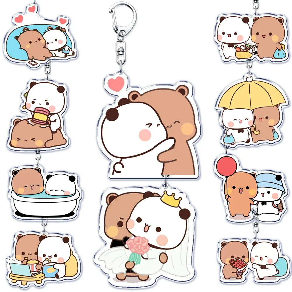 Cute Bubu Dudu Love Keychains Couple Bear Panda Acrylic Keyring for Accessories Bag Pendant Key Chain Jewelry Fans Lovers Gifts