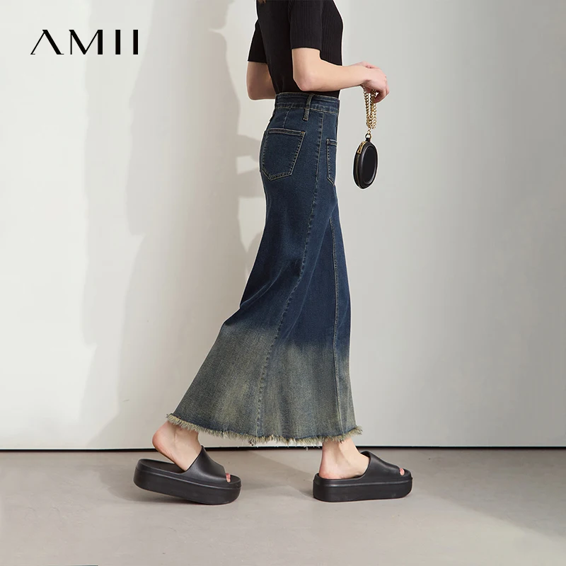 

AMII Elegant Summer Skirts for Women 2025 Midi Straight Elastic Clothing Woman Fashion Gradient Denim Long Skirt Female 12552061