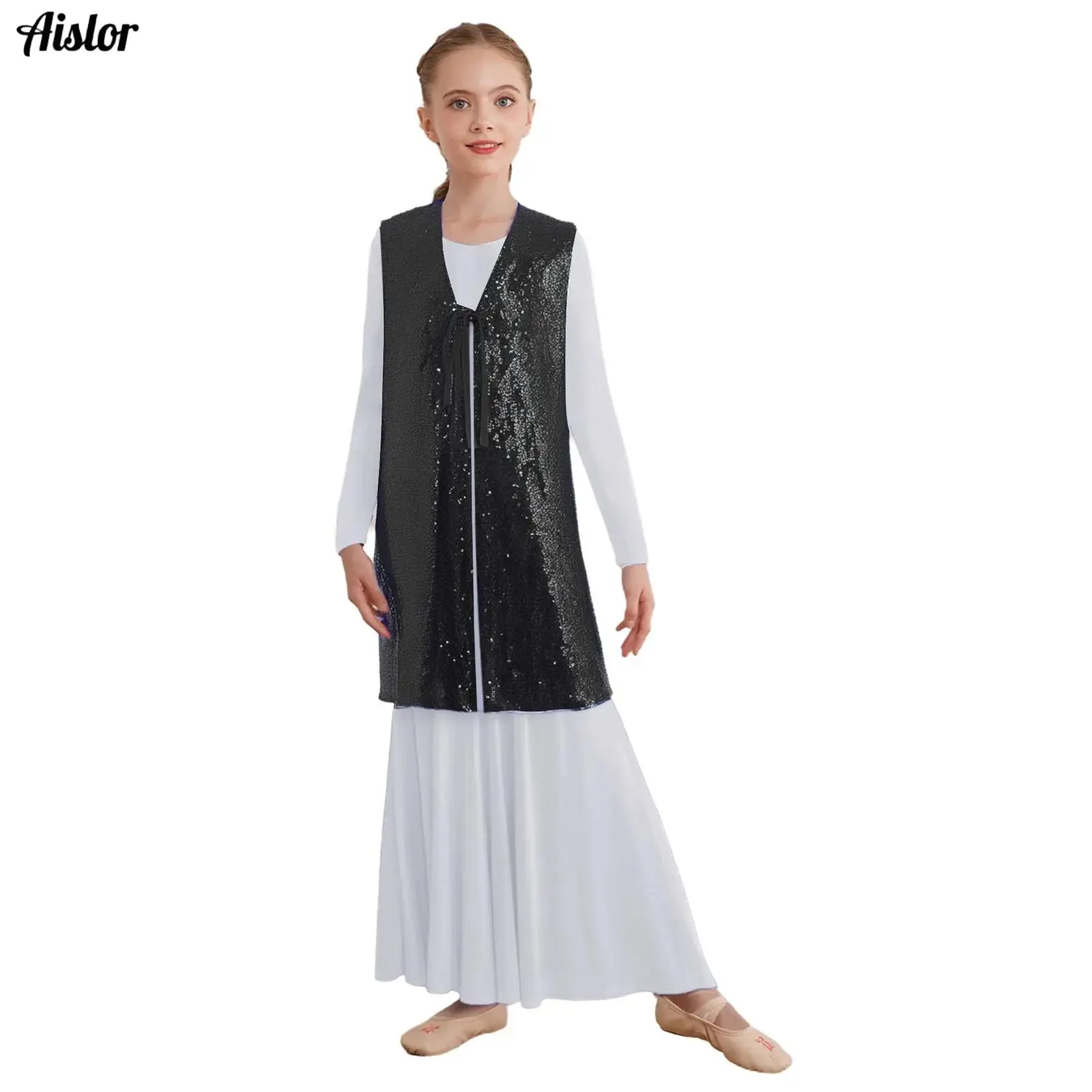 

Kids Girls Praise Worship Dance Top Open Front Self-Tie Sleeveless Split Shiny Sequins Tunic for Performance Competition Costume