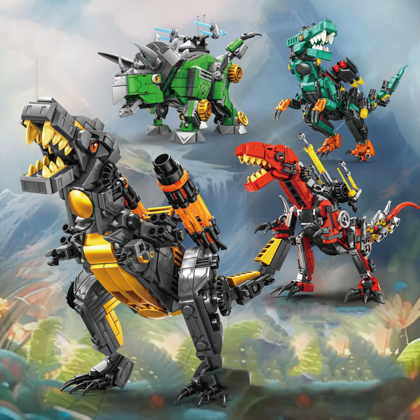 

Jurassic Dinosaur Mecha Building Block Triceratops Tyrannosaurus Rex Velociraptor Robot Mech Model Steam Brick Toys For Gifts
