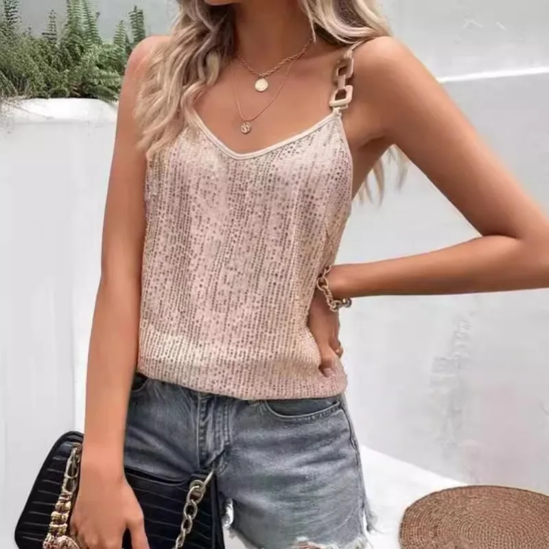 

Women Sequins Shiny Beading Camisole V Neck Top Tank Crop Tops Summer Sleeveless Camis Backless Strap Sexy Solid Vest Shirt