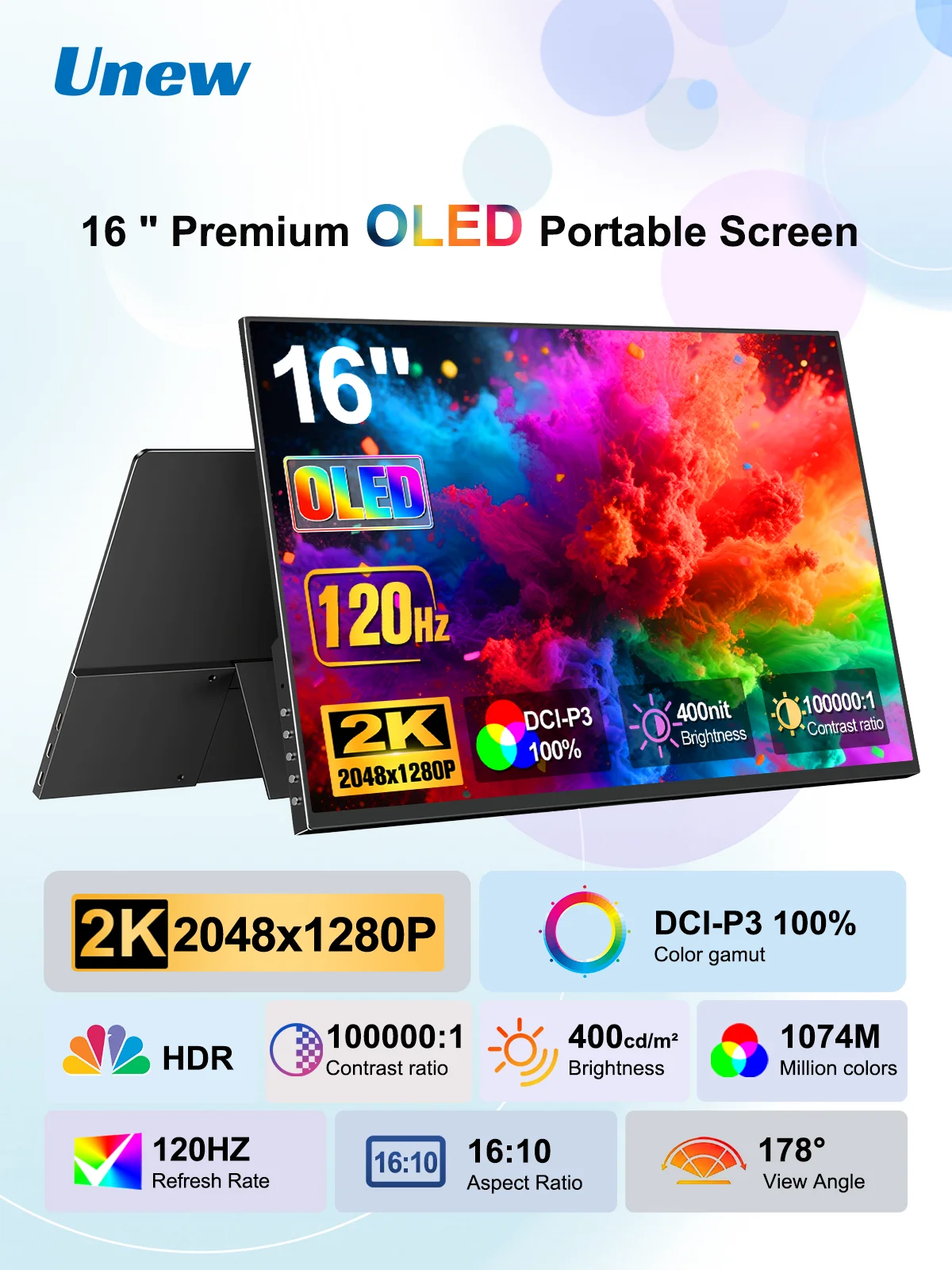 Unew Premium 16 Zoll 2K 120Hz OLED-Monitor 2048×1280 100% Farbraum VESA Externer Bildschirm für Laptop PS5 Switch Gaming Design Büro