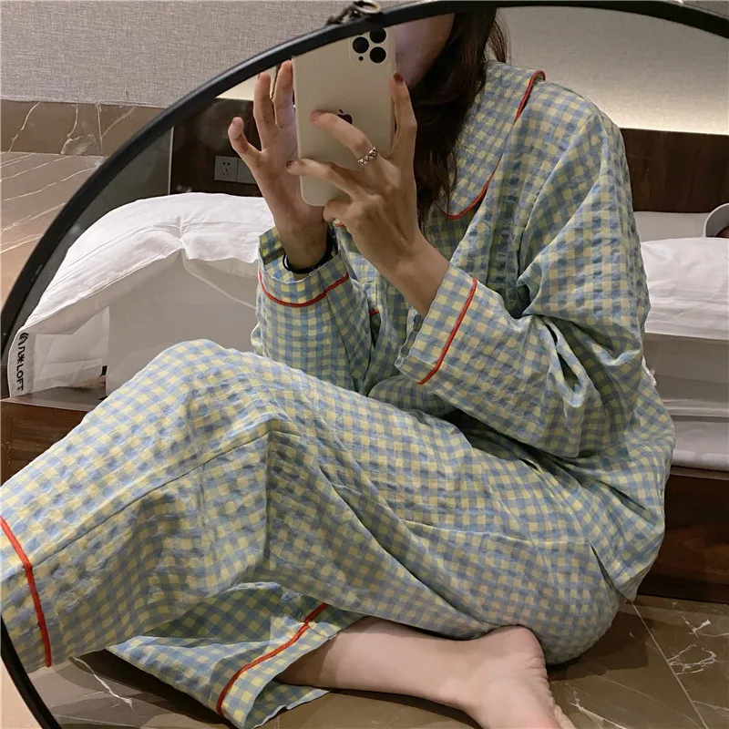 Korean Style Sweet Beige Grid Student Homewear Set 2023 New Long Sleeved Pants Cute Pajamas Suit for Women\'s Autumn