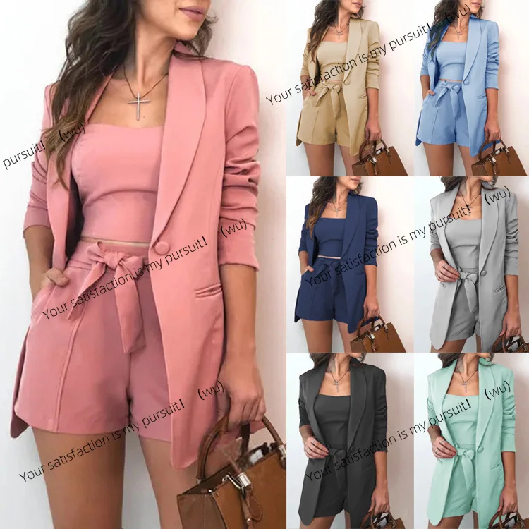 

Spring and summer solid color vest temperament blazer high waist three-piece women's clothing