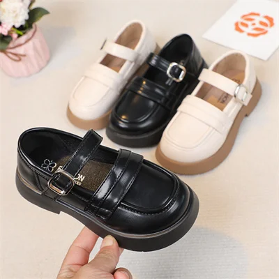 Girls British Style Black/beige Round Toe Leather Shoes, 2024 Summer New Daily Synthetic Leather Shoes Size:26-37