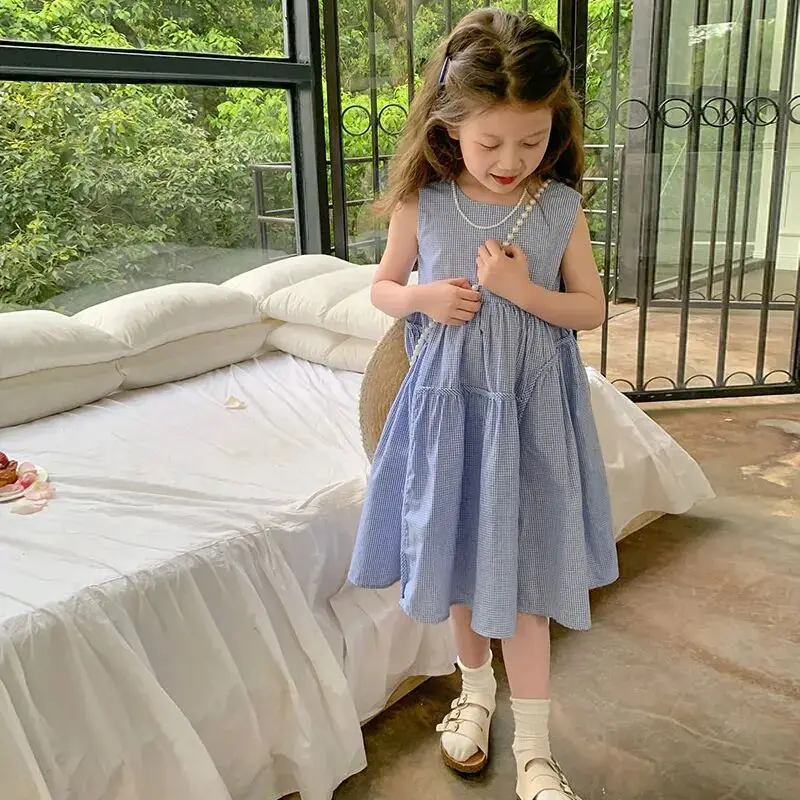 90-150cm Baby Girl Dress Summer Children's Korean Version Plaid Sleeveless Vest Princess Dress Thin